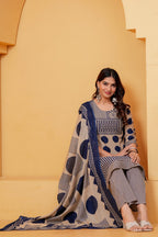 Women's Beige & Navy Blue Printed Kurta Pant Set with Matching Dupatta