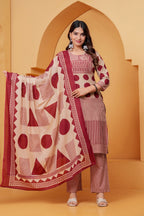Women’s Beige & Maroon Printed Kurta Pant Dupatta Set – Elegant 3 Piece Ethnic Wear
