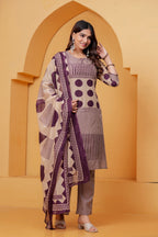 Women’s Beige & Purple Printed Kurta Pant Dupatta Set | Ethnic 3-Piece Suit Set