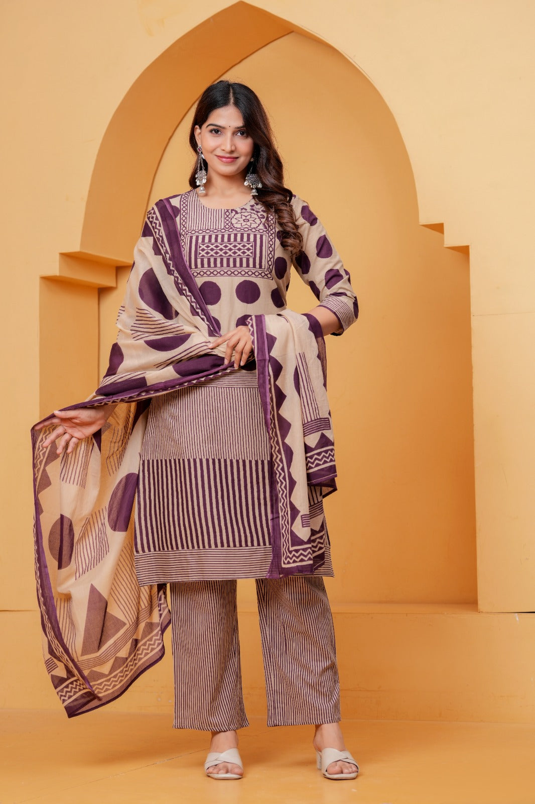Women’s Beige & Purple Printed Kurta Pant Dupatta Set | Ethnic 3-Piece Suit Set