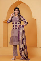 Women’s Beige & Purple Printed Kurta Pant Dupatta Set | Ethnic 3-Piece Suit Set