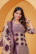Women’s Beige & Purple Printed Kurta Pant Dupatta Set | Ethnic 3-Piece Suit Set