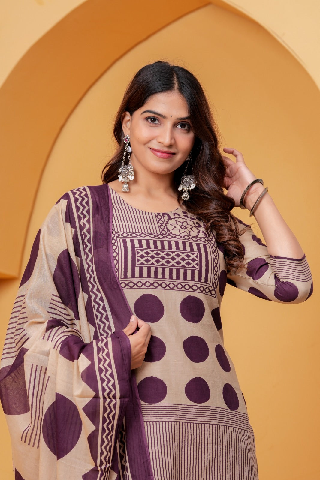Women’s Beige & Purple Printed Kurta Pant Dupatta Set | Ethnic 3-Piece Suit Set