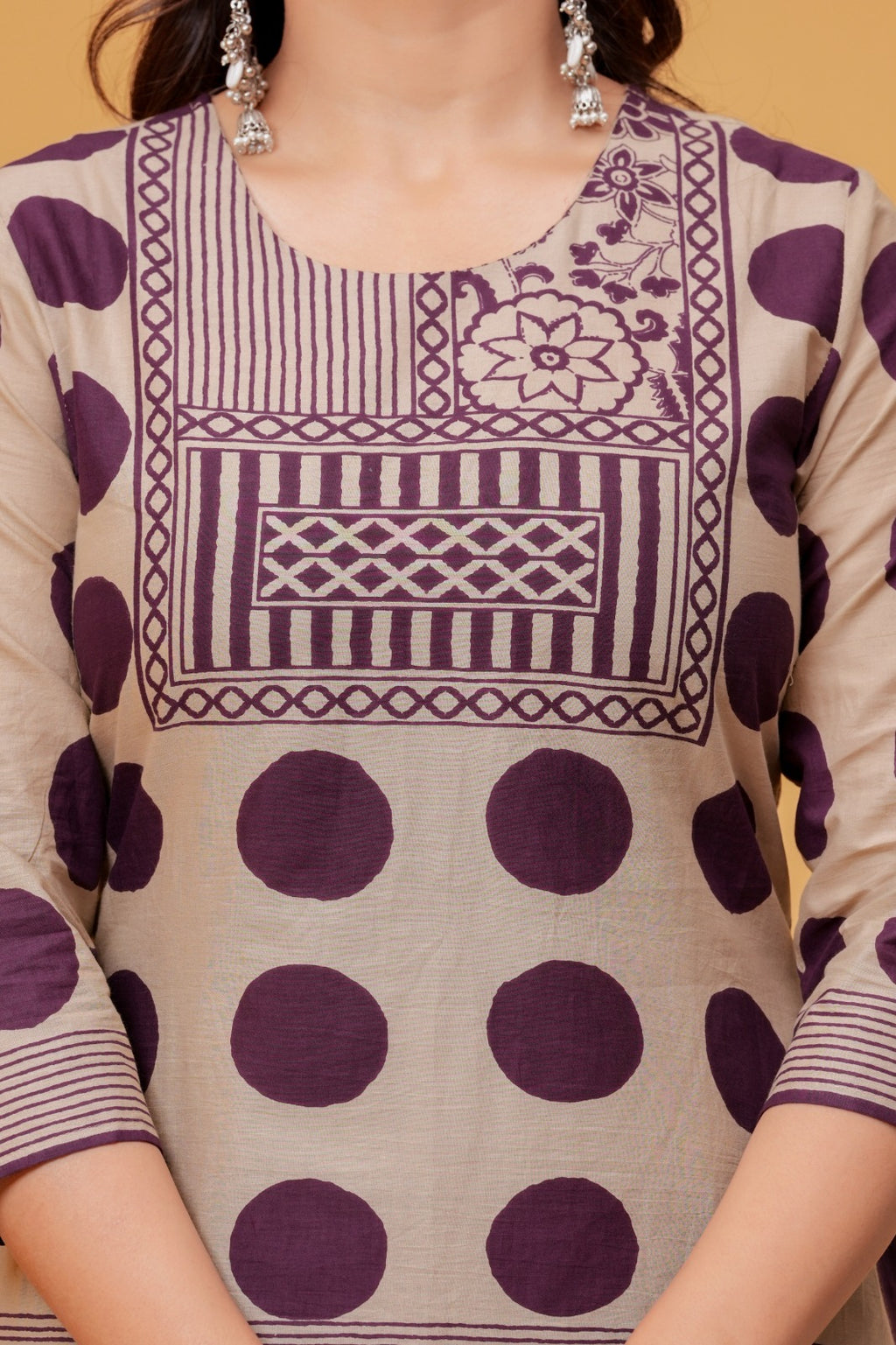 Women’s Beige & Purple Printed Kurta Pant Dupatta Set | Ethnic 3-Piece Suit Set