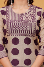 Women’s Beige & Purple Printed Kurta Pant Dupatta Set | Ethnic 3-Piece Suit Set
