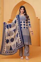 Women's Beige & Navy Blue Printed Kurta Pant Set with Matching Dupatta