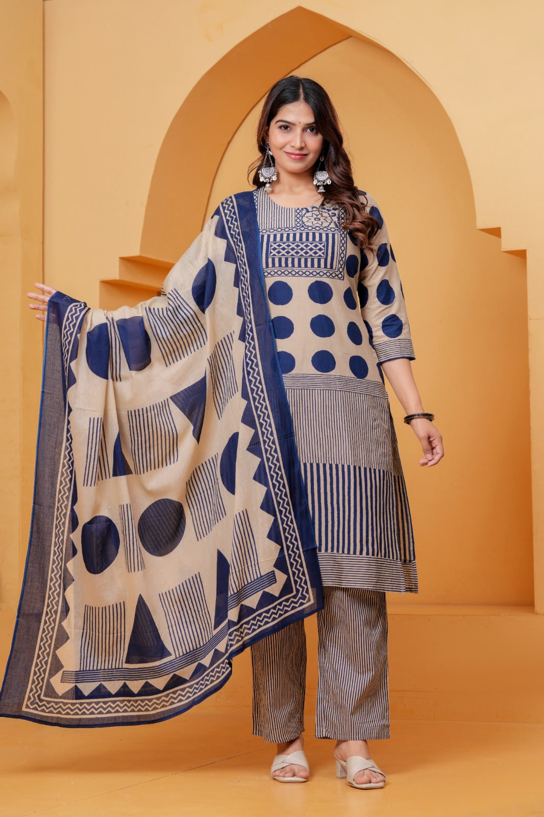 Women's Beige & Navy Blue Printed Kurta Pant Set with Matching Dupatta