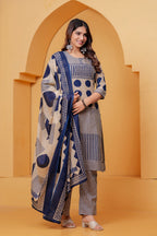 Women's Beige & Navy Blue Printed Kurta Pant Set with Matching Dupatta
