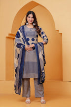 Women's Beige & Navy Blue Printed Kurta Pant Set with Matching Dupatta
