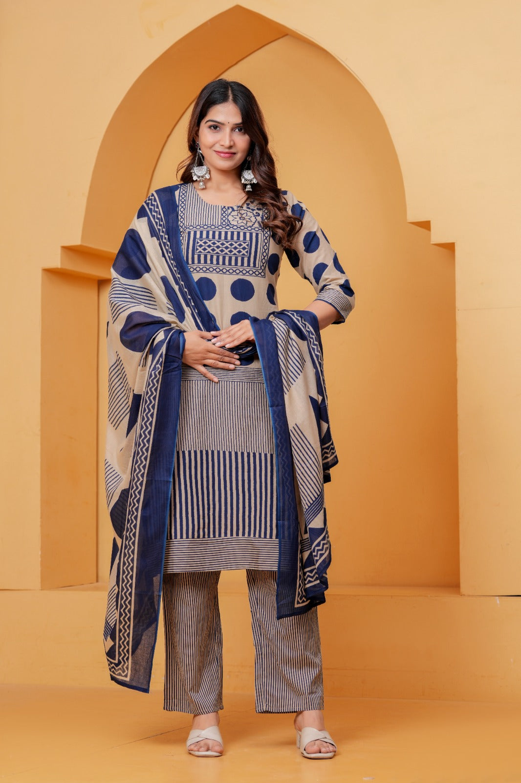 Women's Beige & Navy Blue Printed Kurta Pant Set with Matching Dupatta