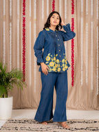 Blue Denim Co-Ord Set with Yellow Floral Embroidery | Stylish Button-Down Tunic Top & Wide-Leg Pants
