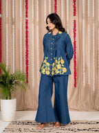 Blue Denim Co-Ord Set with Yellow Floral Embroidery | Stylish Button-Down Tunic Top & Wide-Leg Pants