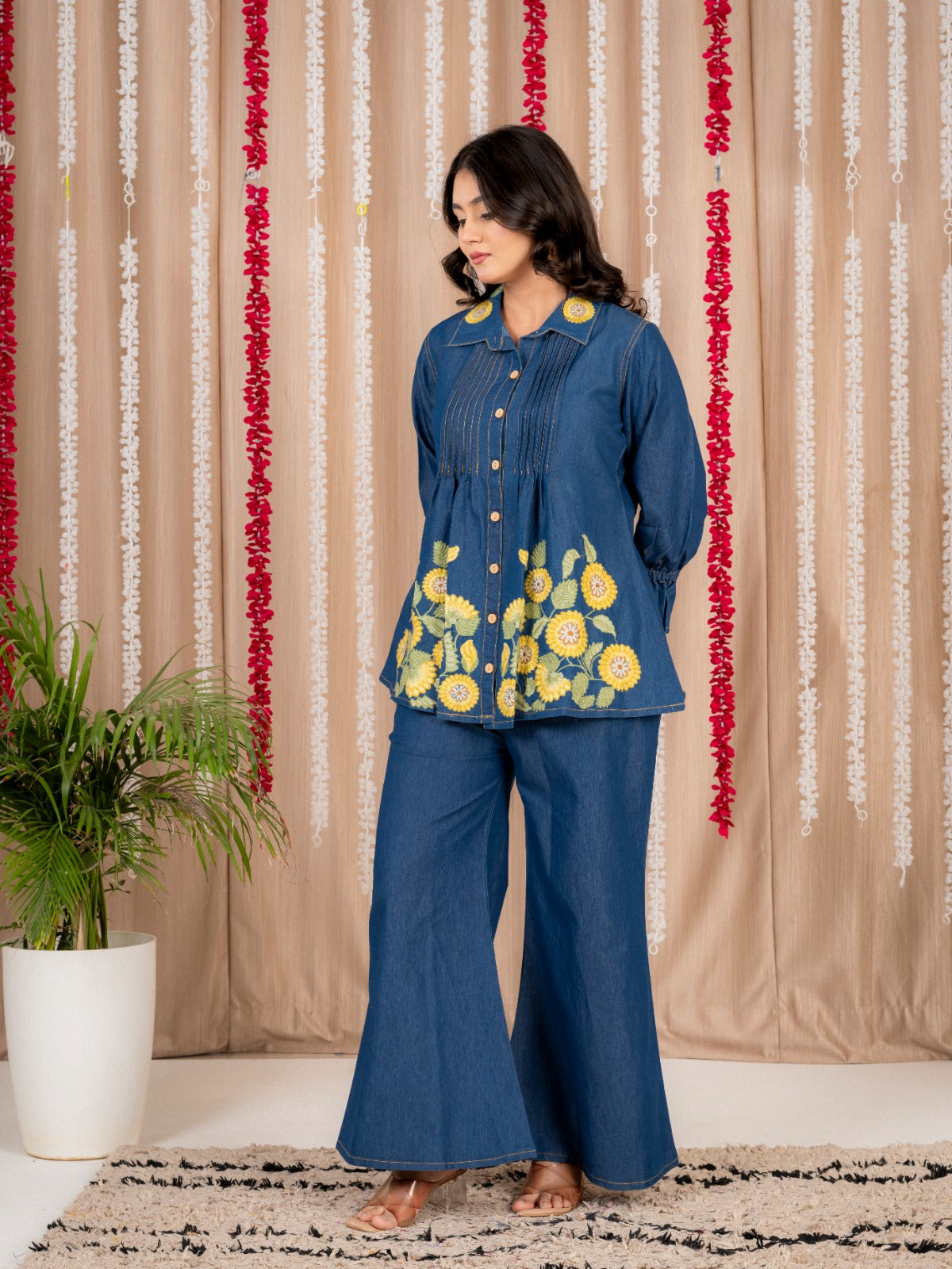 Blue Denim Co-Ord Set with Yellow Floral Embroidery | Stylish Button-Down Tunic Top & Wide-Leg Pants