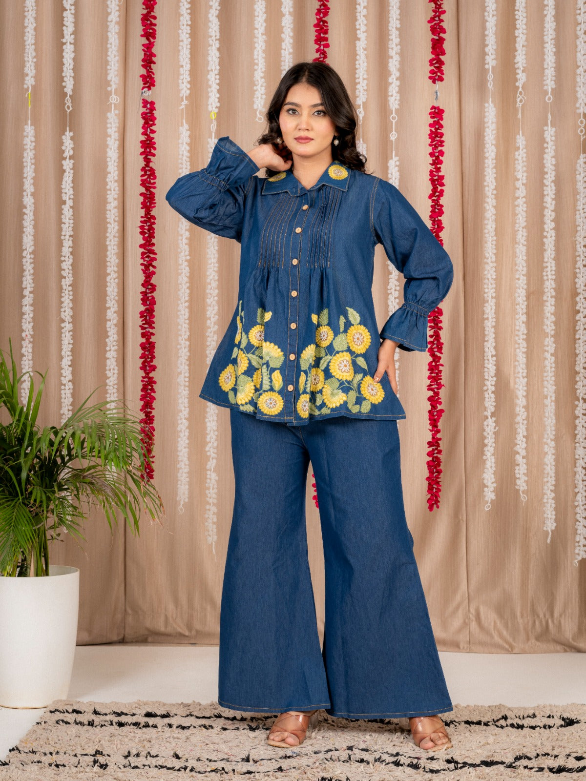 Blue Denim Co-Ord Set with Yellow Floral Embroidery | Stylish Button-Down Tunic Top & Wide-Leg Pants