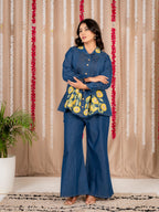 Blue Denim Co-Ord Set with Yellow Floral Embroidery | Stylish Button-Down Tunic Top & Wide-Leg Pants