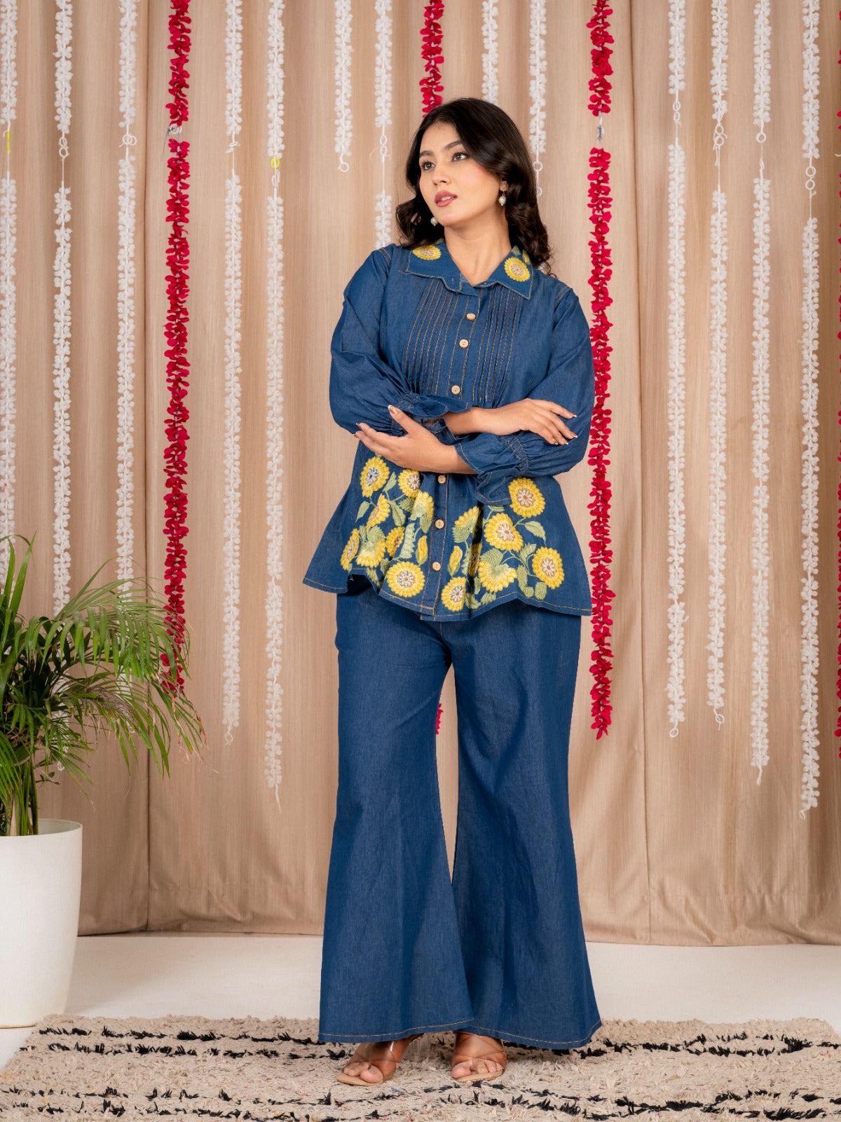 Blue Denim Co-Ord Set with Yellow Floral Embroidery | Stylish Button-Down Tunic Top & Wide-Leg Pants