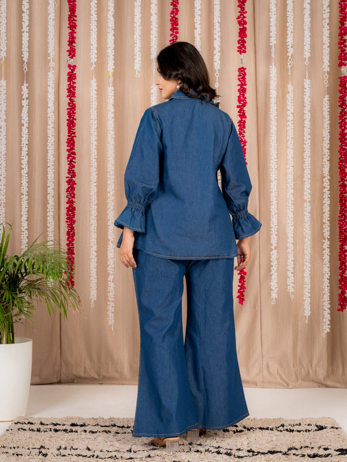 Blue Denim Co-Ord Set with Yellow Floral Embroidery | Stylish Button-Down Tunic Top & Wide-Leg Pants