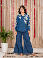 Blue Denim Co-Ord Set with Floral Print Tunic Top and Wide-Leg Pants
