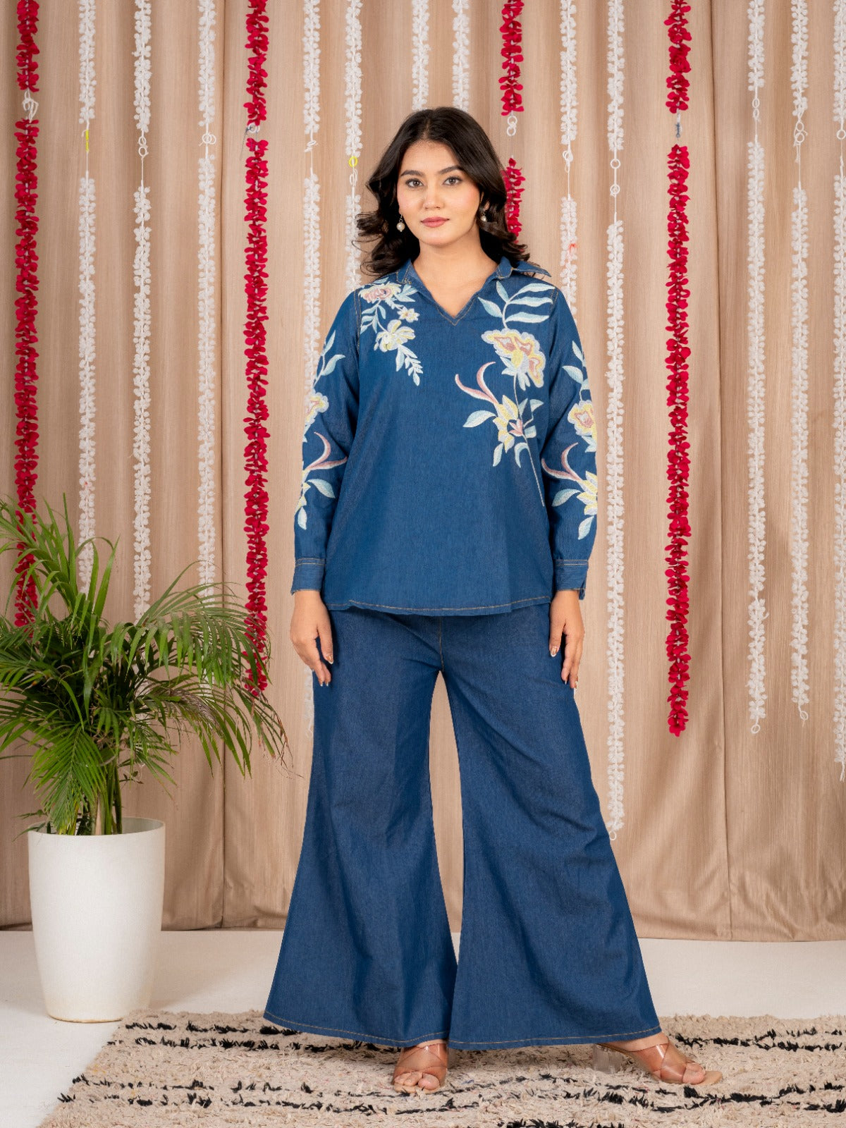 Blue Denim Co-Ord Set with Floral Print Tunic Top and Wide-Leg Pants