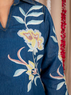 Blue Denim Co-Ord Set with Floral Print Tunic Top and Wide-Leg Pants