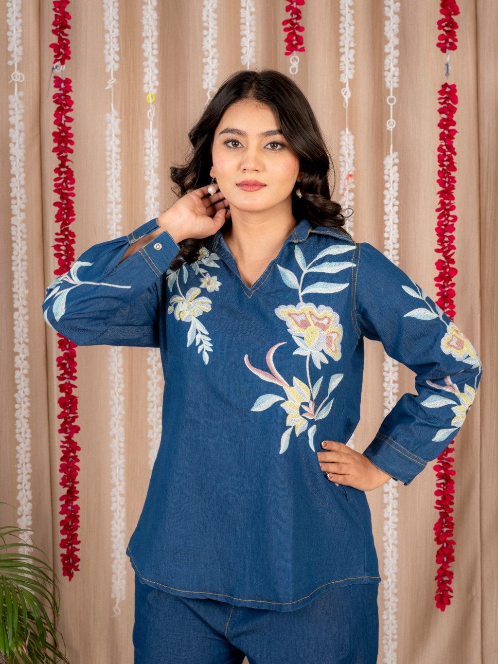 Blue Denim Co-Ord Set with Floral Print Tunic Top and Wide-Leg Pants