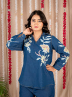 Blue Denim Co-Ord Set with Floral Print Tunic Top and Wide-Leg Pants