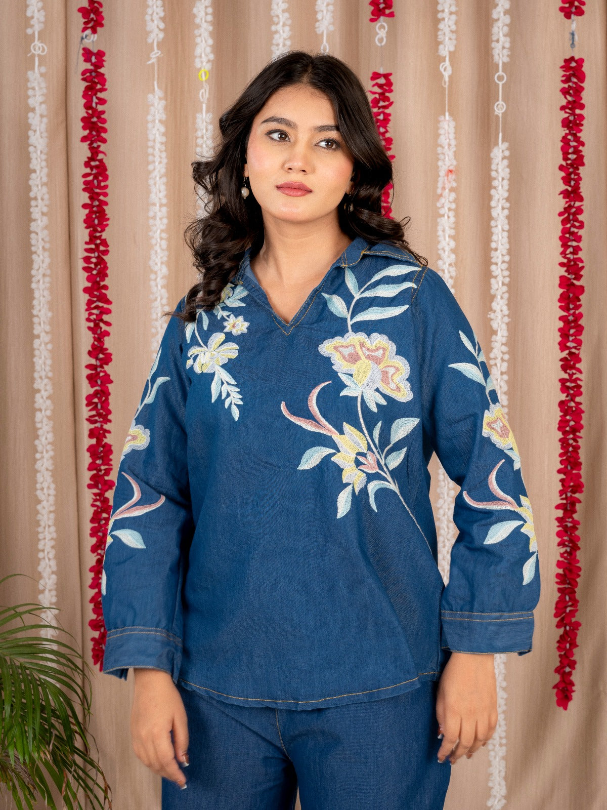 Blue Denim Co-Ord Set with Floral Print Tunic Top and Wide-Leg Pants