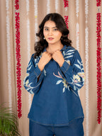 Blue Denim Co-Ord Set with Floral Print Tunic Top and Wide-Leg Pants