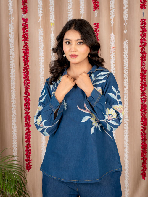 Blue Denim Co-Ord Set with Floral Print Tunic Top and Wide-Leg Pants