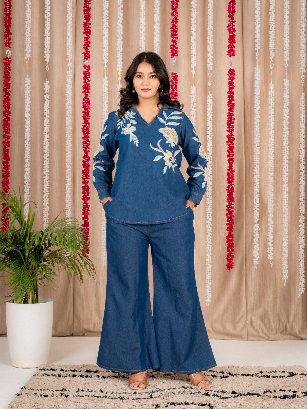 Blue Denim Co-Ord Set with Floral Print Tunic Top and Wide-Leg Pants