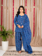 Blue Printed Kurta Pant Dupatta Set | Stylish 3-Piece Ethnic Wear with Geometric Print