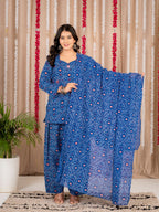 Blue Printed Kurta Pant Dupatta Set | Stylish 3-Piece Ethnic Wear with Geometric Print