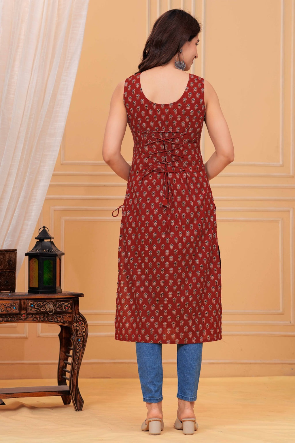 rust Printed Sleeveless Straight Cotton Kurti | Side Tie-Up | Knee Length