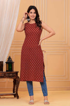 rust Printed Sleeveless Straight Cotton Kurti | Side Tie-Up | Knee Length
