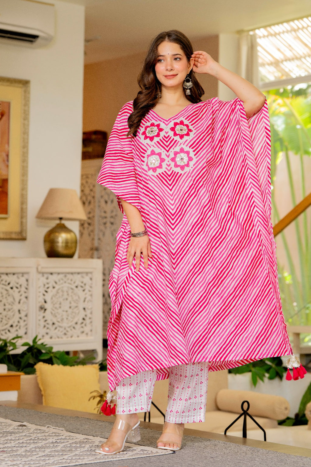 Pink & White Striped Cotton Kaftan Kurta and Pant with Dupatta