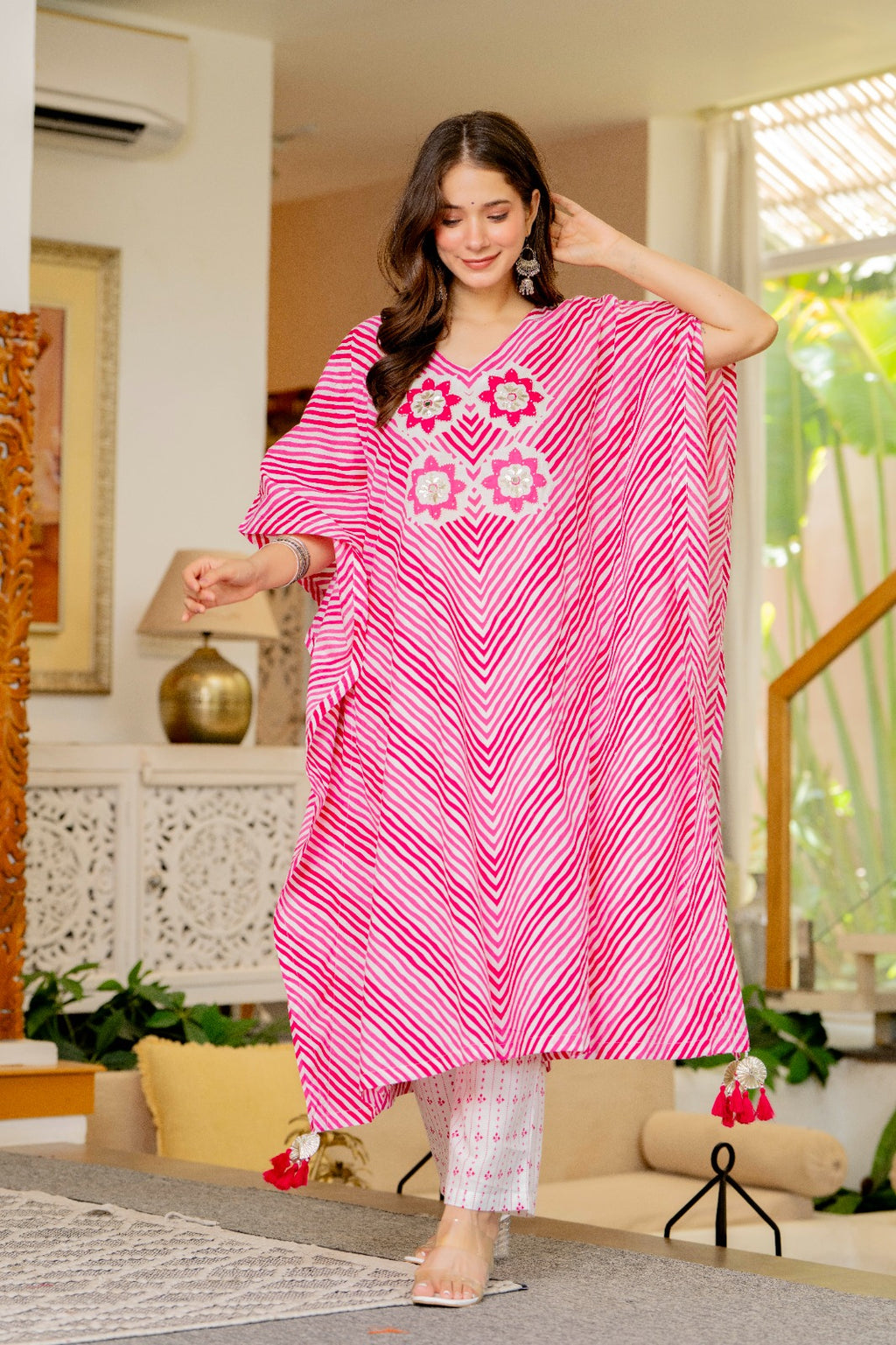 Pink & White Striped Cotton Kaftan Kurta and Pant with Dupatta