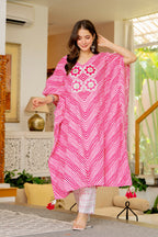 Pink & White Striped Cotton Kaftan Kurta and Pant with Dupatta