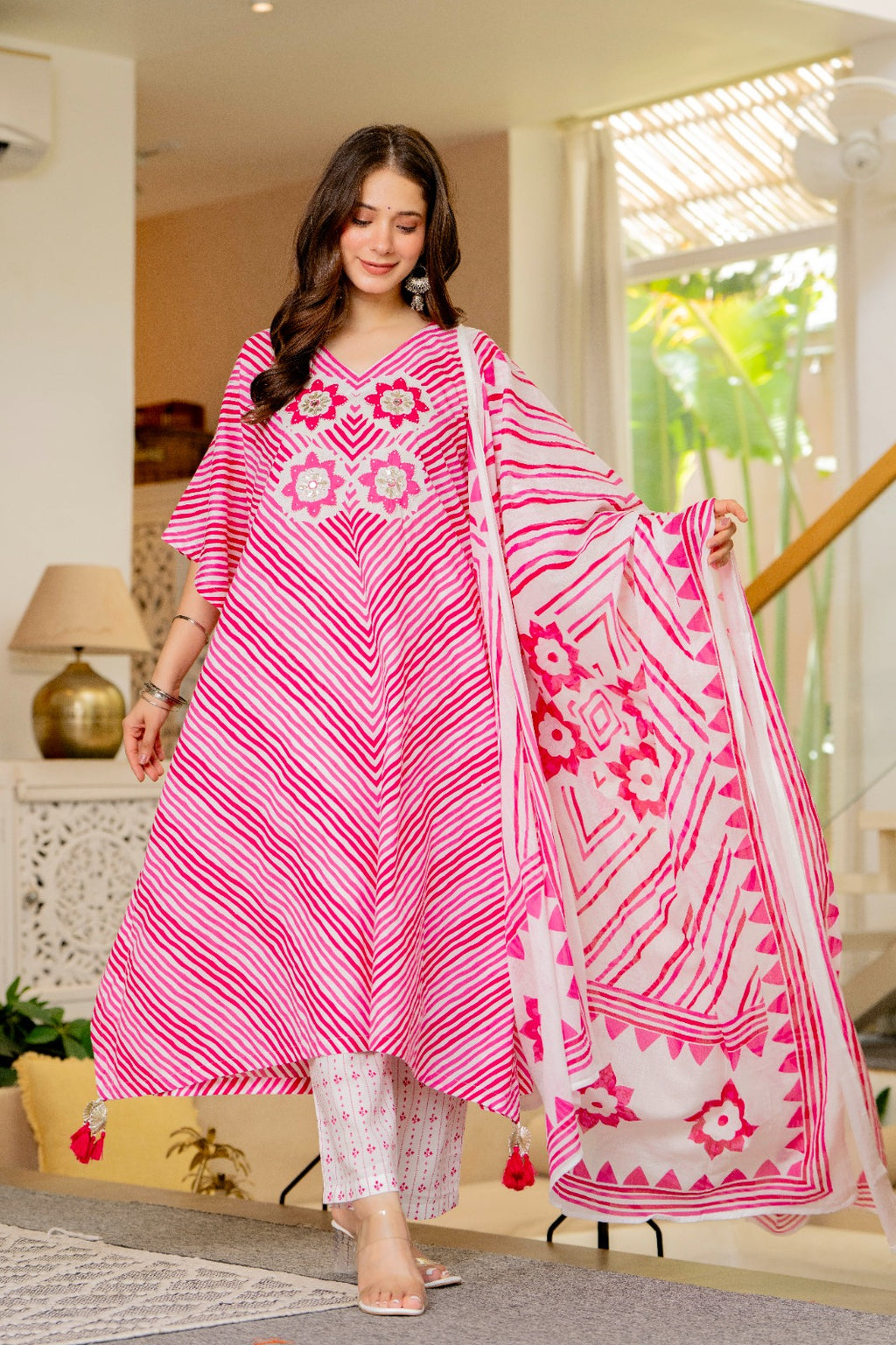 Pink & White Striped Cotton Kaftan Kurta and Pant with Dupatta