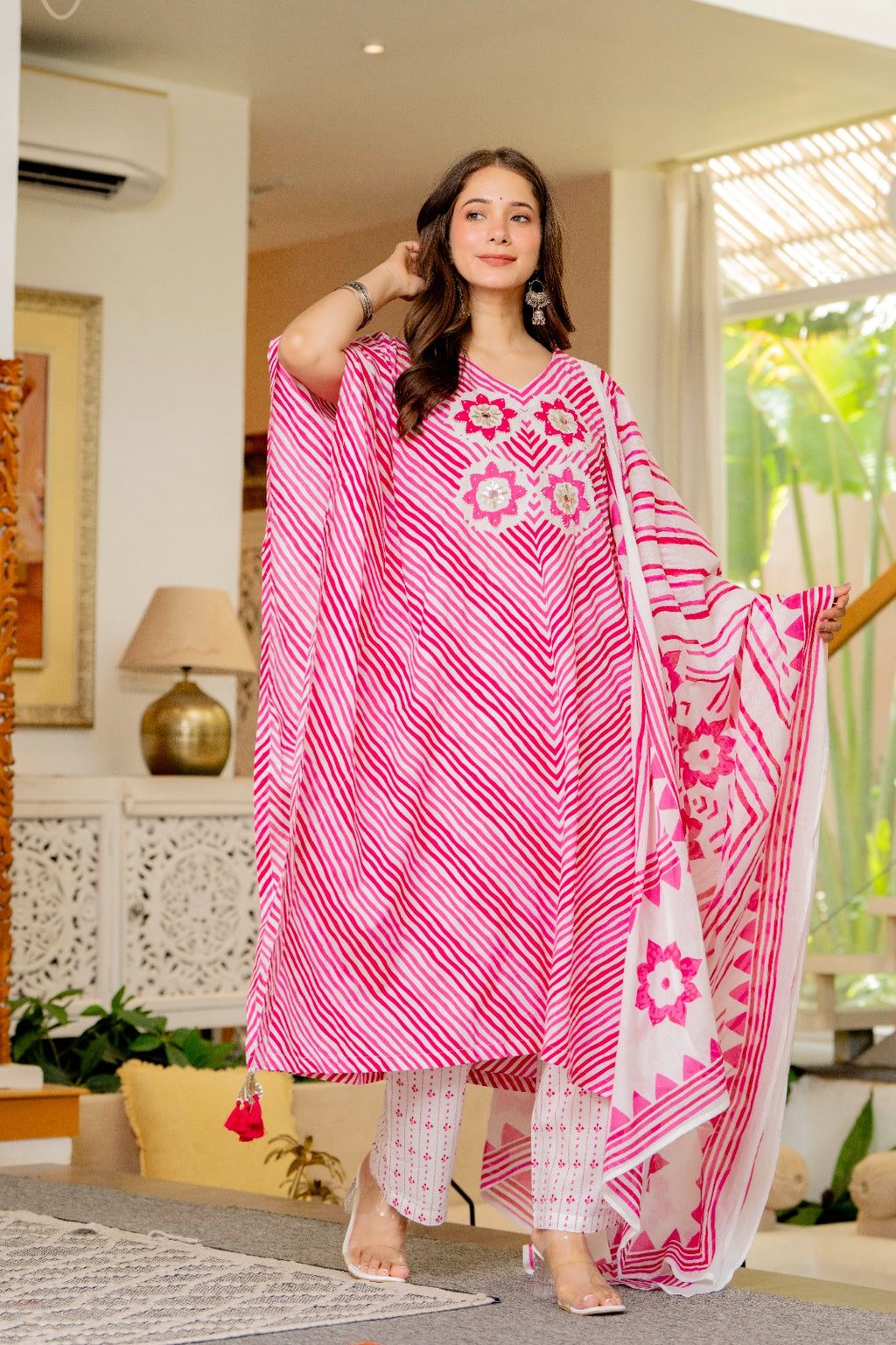 Pink & White Striped Cotton Kaftan Kurta and Pant with Dupatta