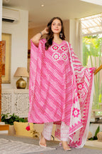 Pink & White Striped Cotton Kaftan Kurta and Pant with Dupatta