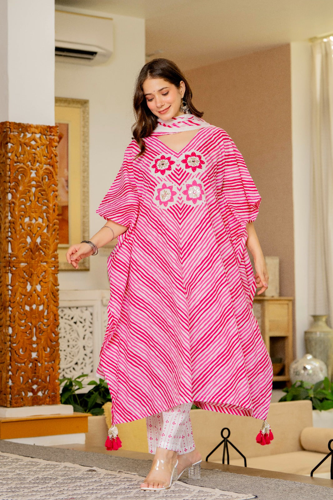 Pink & White Striped Cotton Kaftan Kurta and Pant with Dupatta