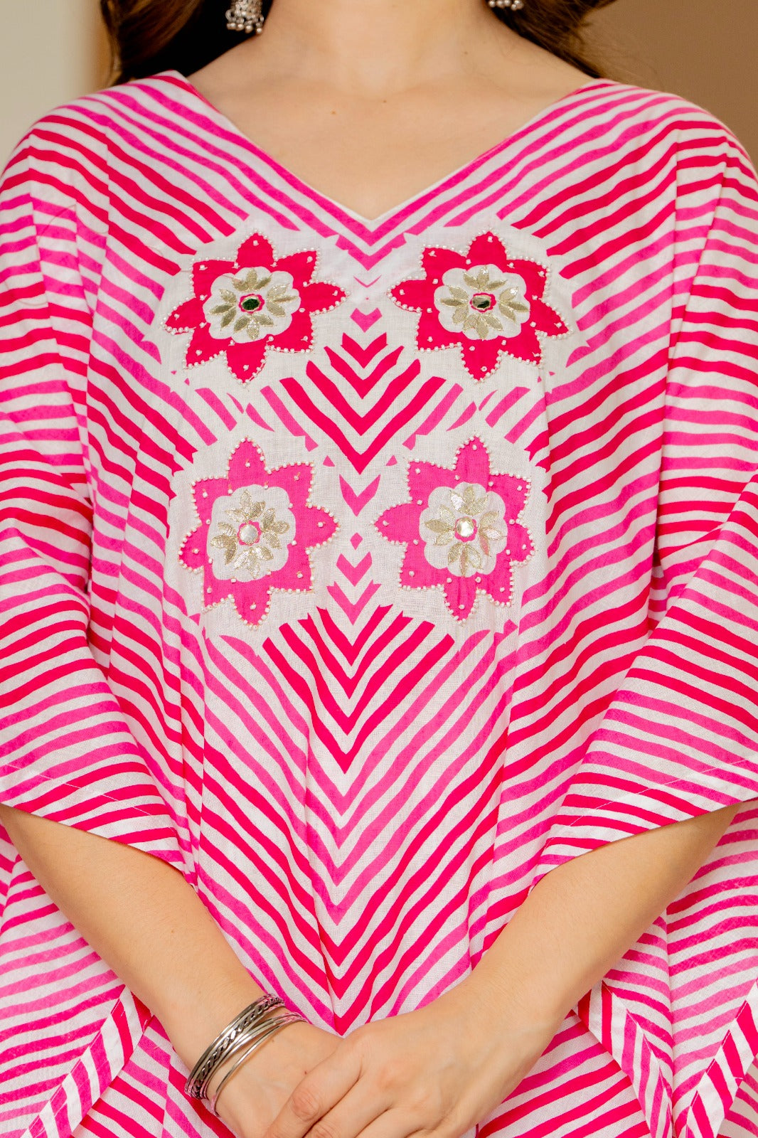 Pink & White Striped Cotton Kaftan Kurta and Pant with Dupatta