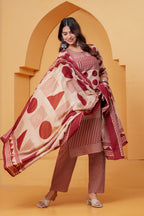 Women’s Beige & Maroon Printed Kurta Pant Dupatta Set – Elegant 3 Piece Ethnic Wear