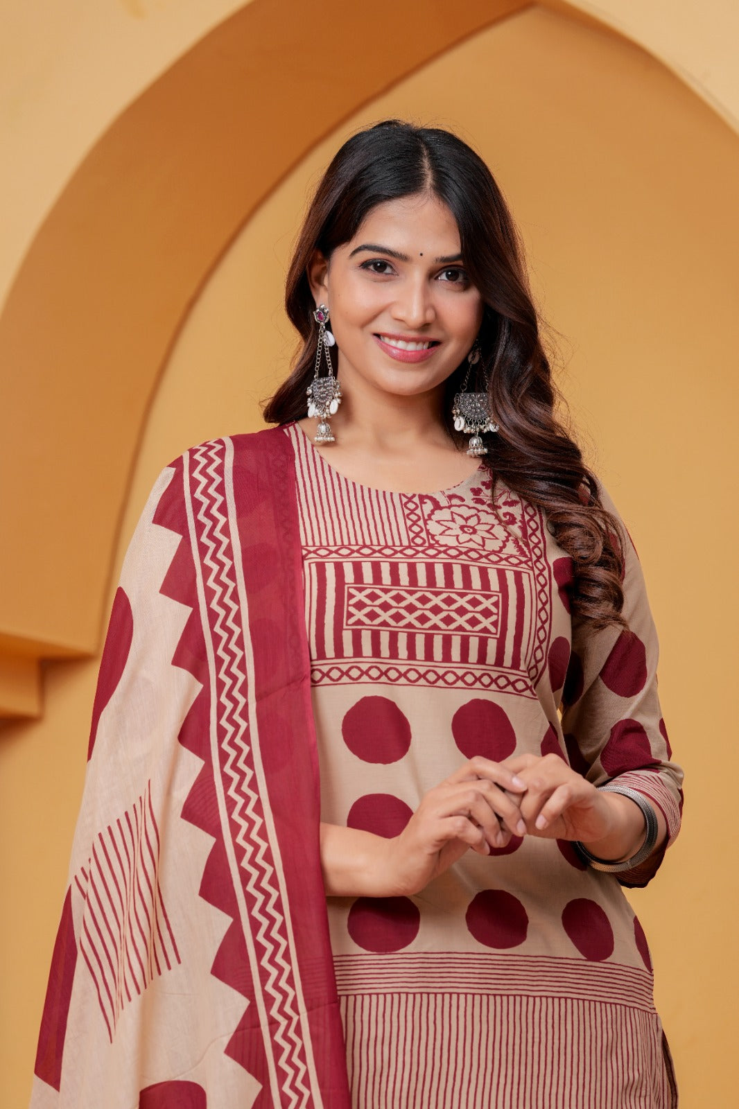 Women’s Beige & Maroon Printed Kurta Pant Dupatta Set – Elegant 3 Piece Ethnic Wear