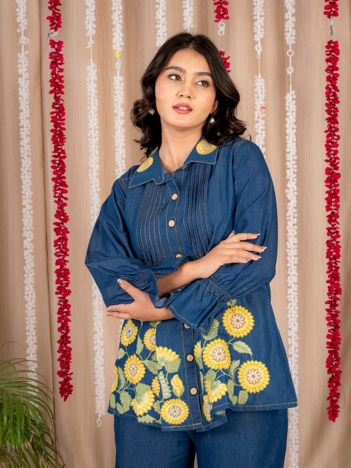 Blue Denim Co-Ord Set with Yellow Floral Embroidery | Stylish Button-Down Tunic Top & Wide-Leg Pants