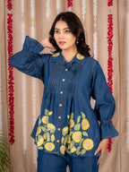 Blue Denim Co-Ord Set with Yellow Floral Embroidery | Stylish Button-Down Tunic Top & Wide-Leg Pants
