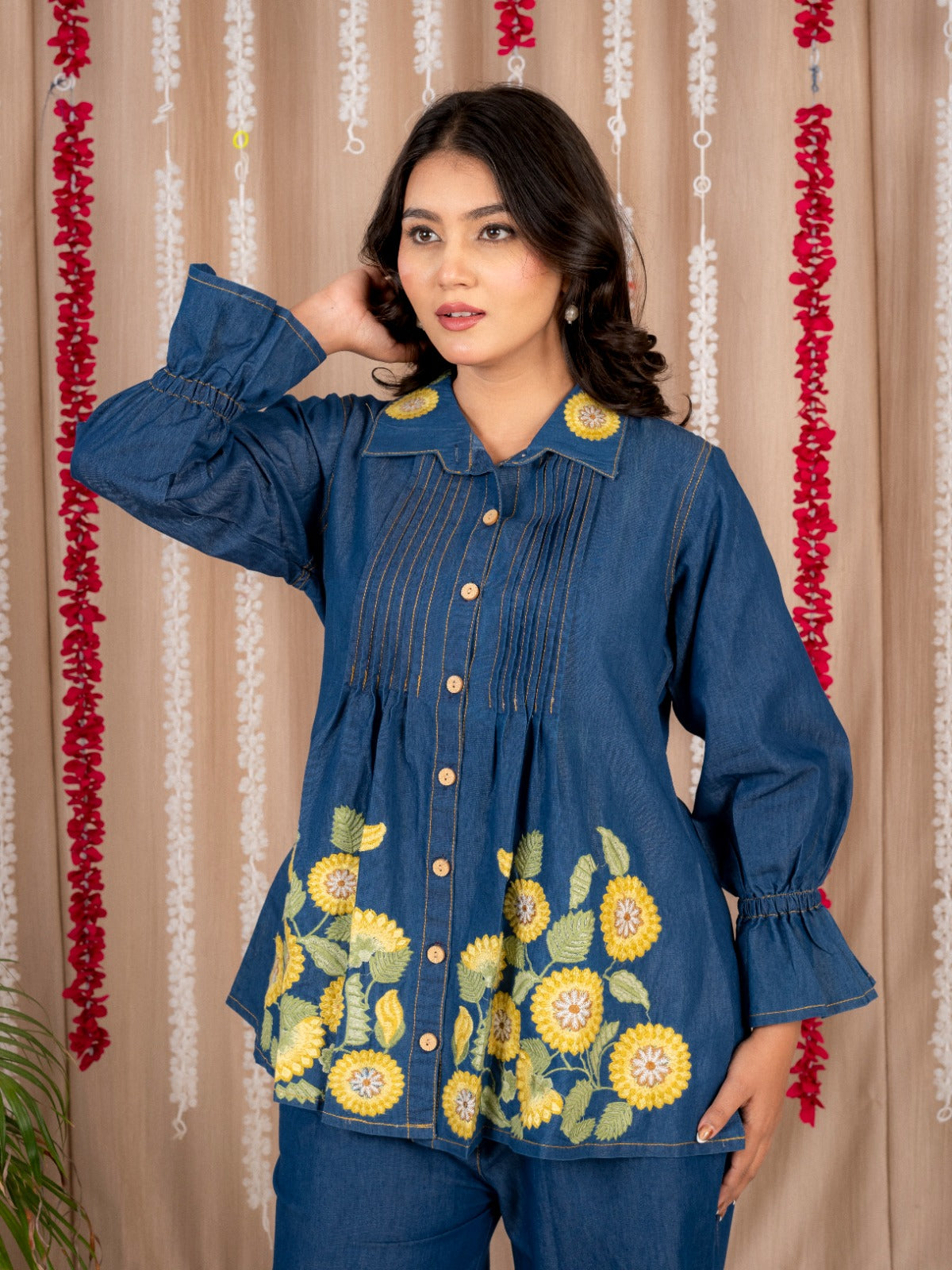 Blue Denim Co-Ord Set with Yellow Floral Embroidery | Stylish Button-Down Tunic Top & Wide-Leg Pants