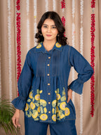 Blue Denim Co-Ord Set with Yellow Floral Embroidery | Stylish Button-Down Tunic Top & Wide-Leg Pants