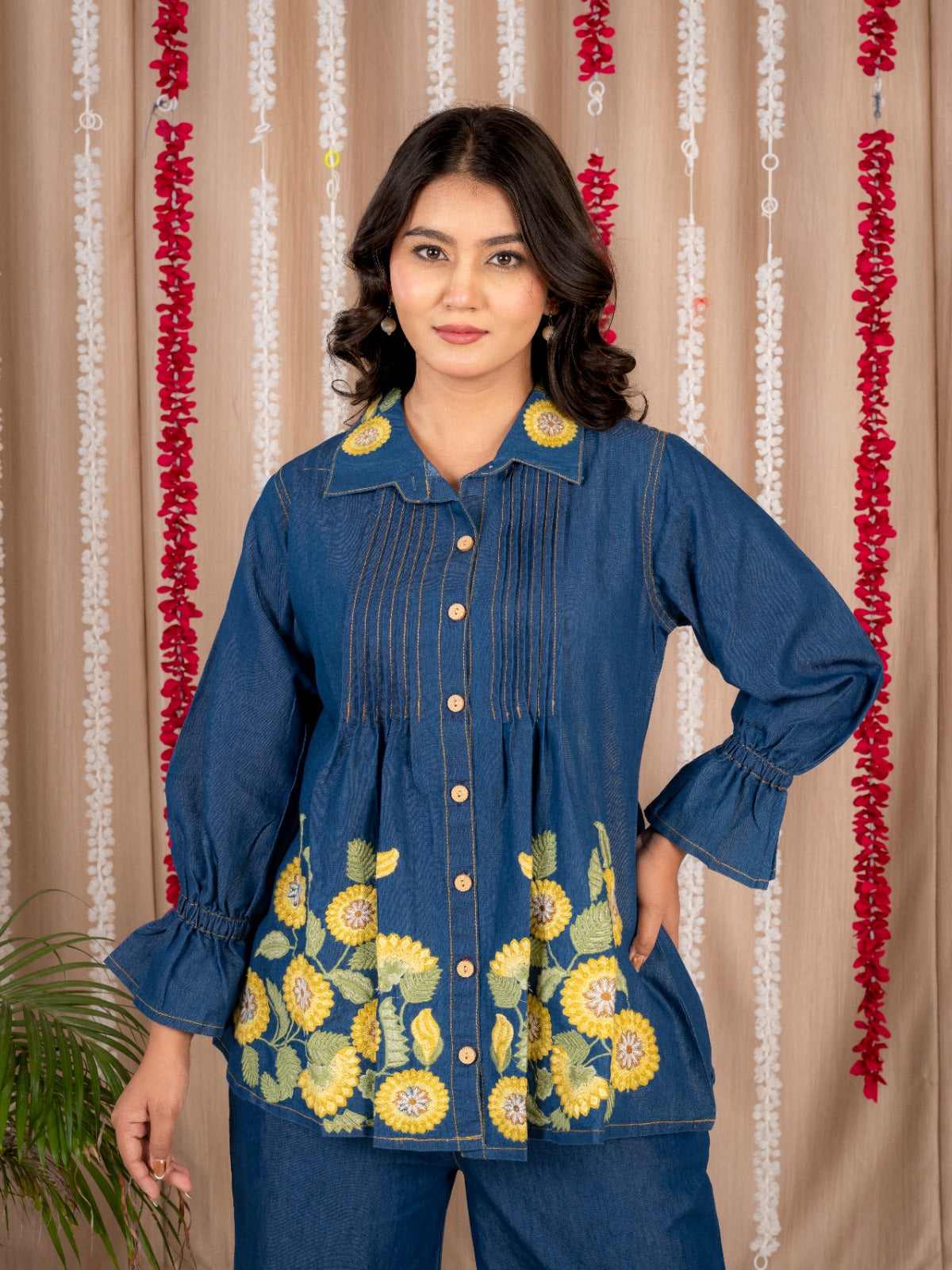 Blue Denim Co-Ord Set with Yellow Floral Embroidery | Stylish Button-Down Tunic Top & Wide-Leg Pants