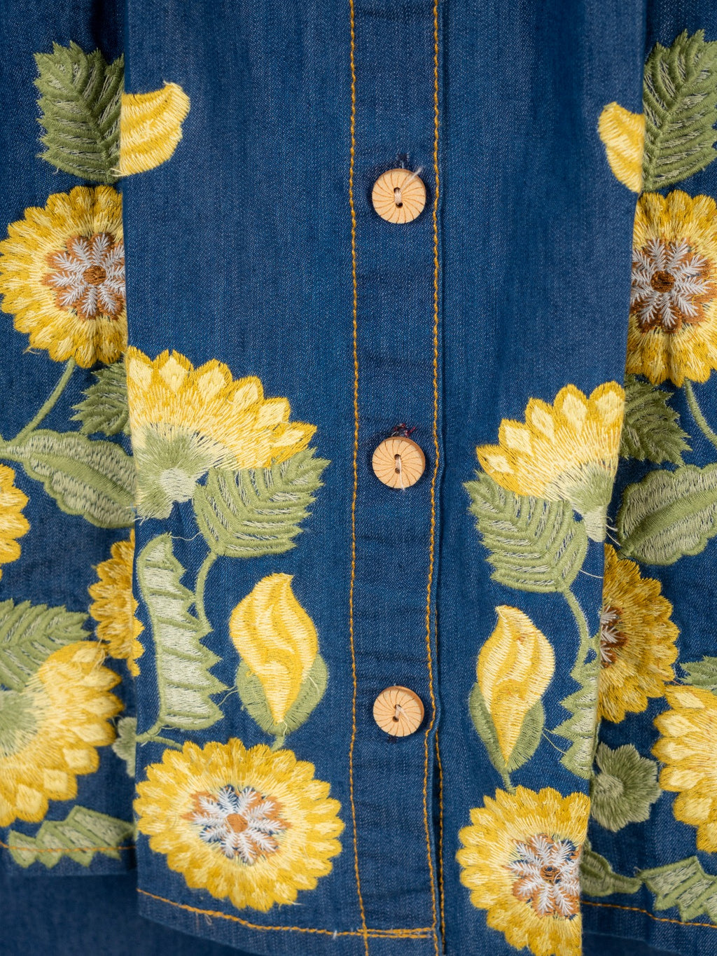 Blue Denim Co-Ord Set with Yellow Floral Embroidery | Stylish Button-Down Tunic Top & Wide-Leg Pants